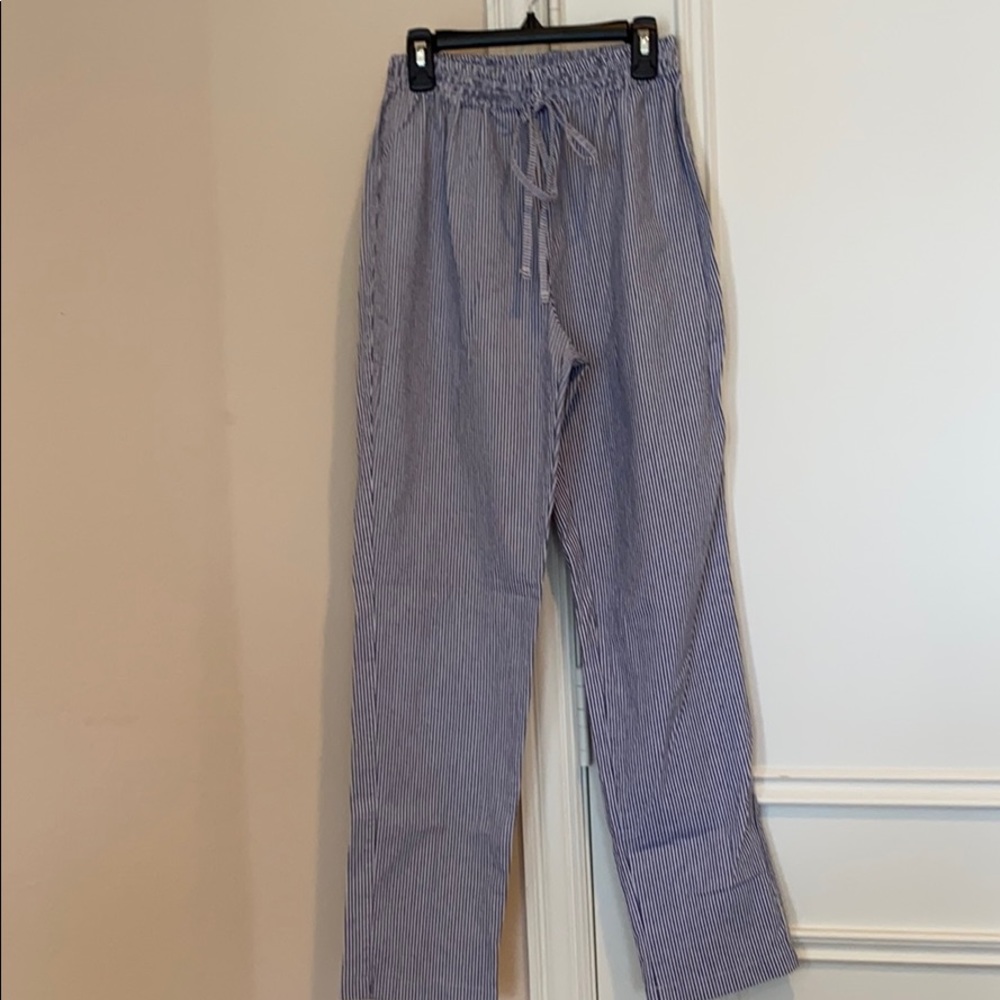 Blue and white striped high waisted pants